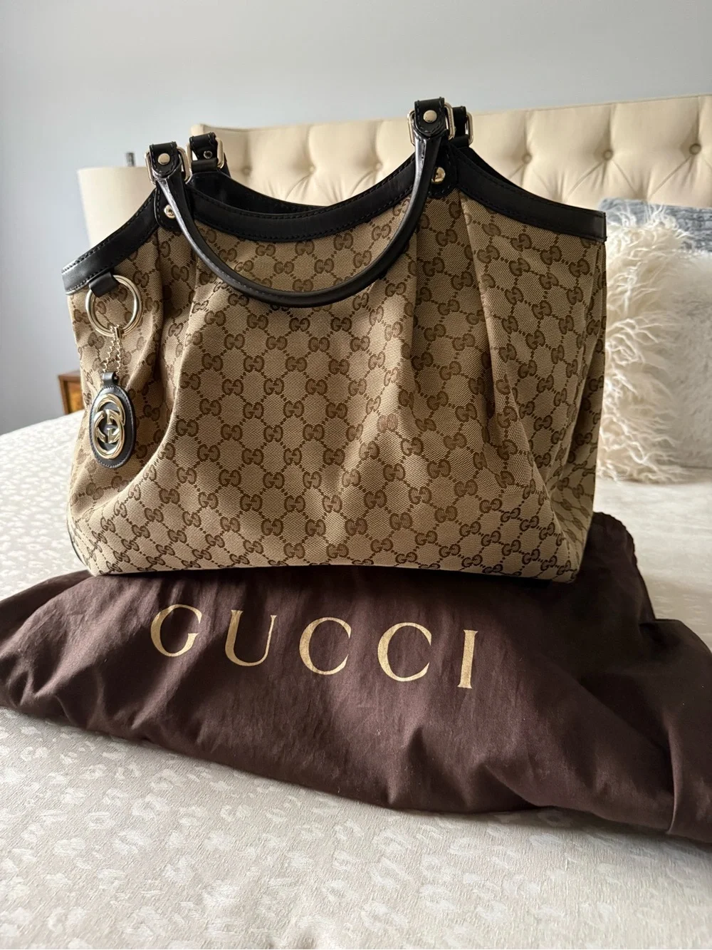 Gucci Beige Brown GG Canvas Shoulder Bag with Dark Brown Leather